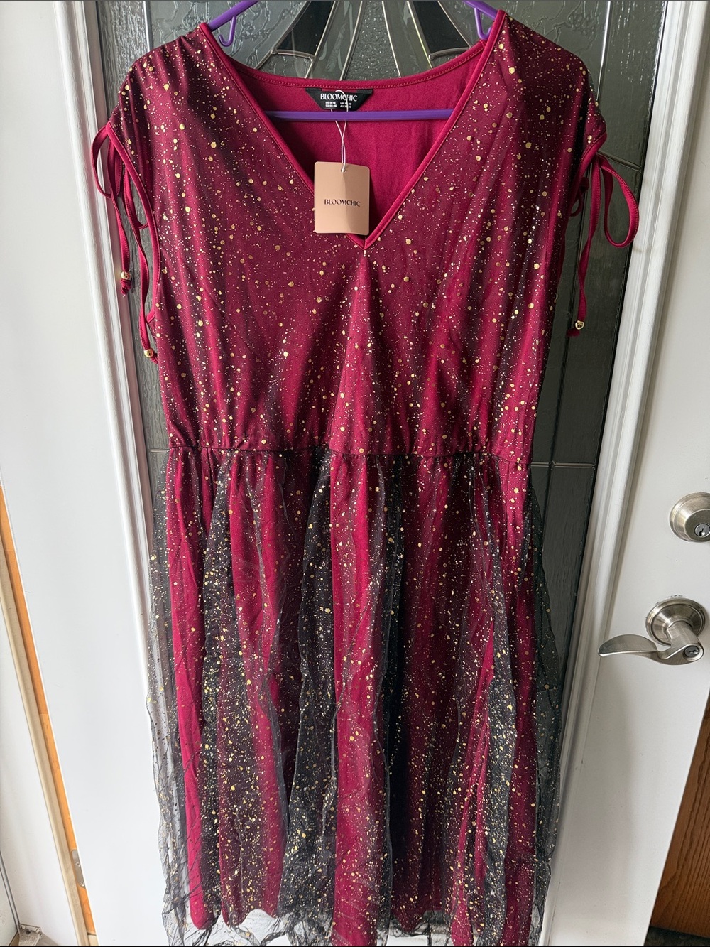 BloomChic Burgundy Dress with Gold Sparkle Overlay
